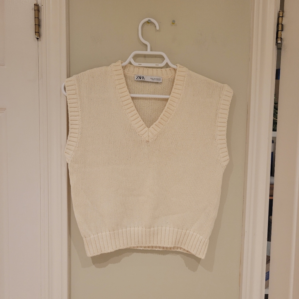 Zara Cotton Blend Cream Knit Sweater Vest